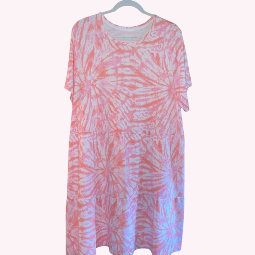 Koolabura by UGG Rayon Tee Tier Dress. Coral Pink Tie Dye. Size 2X.